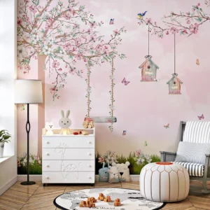 Papel de Parede Infantil Jardim Encantado Rosa Autocolante Premium