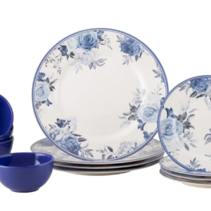 Aparelho de Jantar 12 Peças Alleanza Cerâmica Branco e Azul Redondo Antique