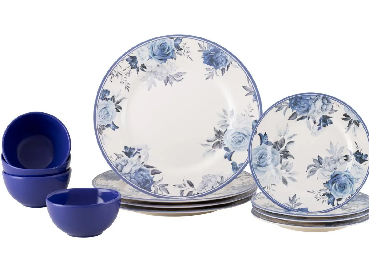 Aparelho de Jantar 12 Peças Alleanza Cerâmica Branco e Azul Redondo Antique