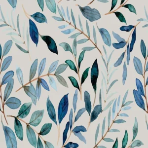 Papel de Parede Folhas Aquarela Azul Verde Autocolante Lavável