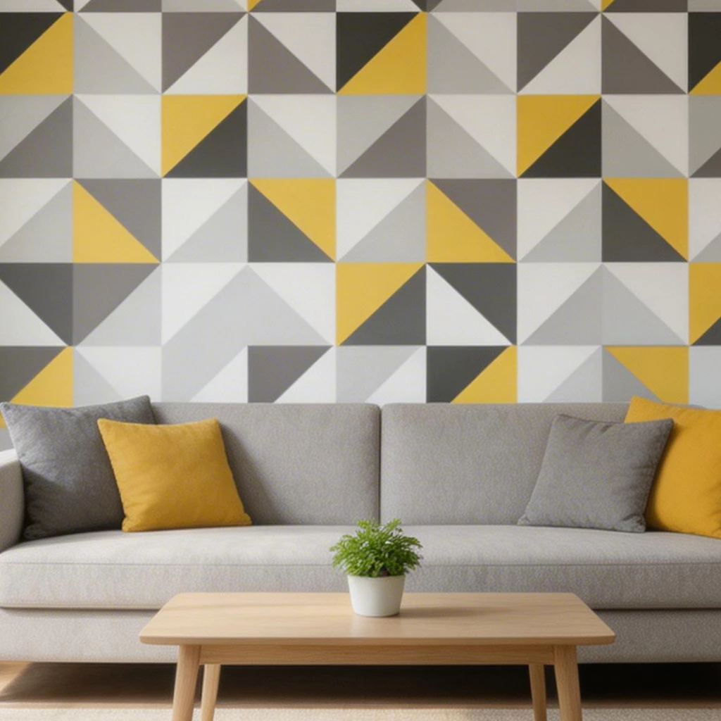 Papel de Parede Geométrico Amarelo Preto e Cinza Autocolante Premium - Imagem 4