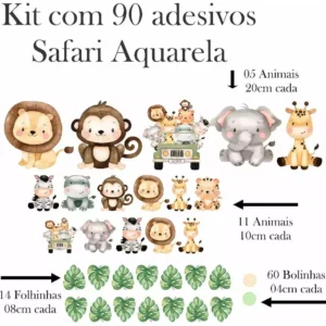 Kit 90 Adesivos Safari Aquarela Infantil para Parede