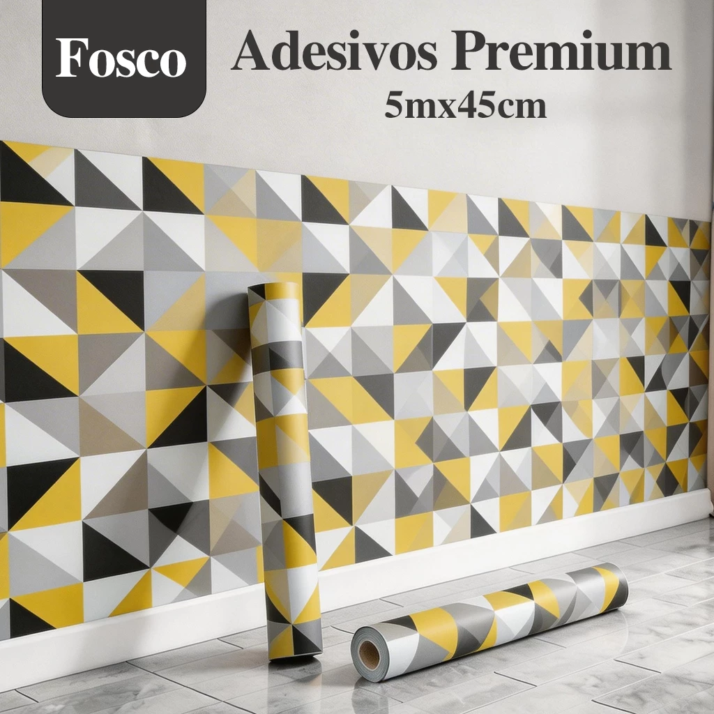 Papel de Parede Geométrico Amarelo Preto e Cinza Autocolante Premium - Imagem 2