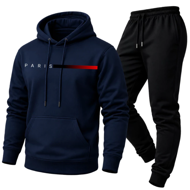 Conjunto Unissex Moletom PREMIUM Estampado PARIS Calça e Blusa Com Capuz Bolso Canguru - Imagem 2