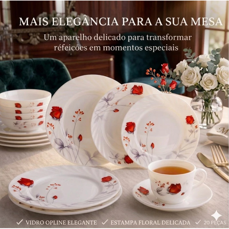 Aparelho De Almoço e Jantar C/ Xicaras Chá prato Estampado Opaline 20 Peças Vermelho - Imagem 2