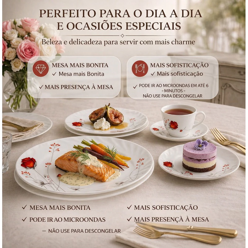 Aparelho De Almoço e Jantar C/ Xicaras Chá prato Estampado Opaline 20 Peças Vermelho - Imagem 4