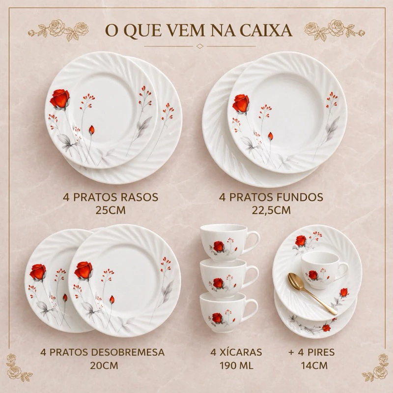 Aparelho De Almoço e Jantar C/ Xicaras Chá prato Estampado Opaline 20 Peças Vermelho - Imagem 3